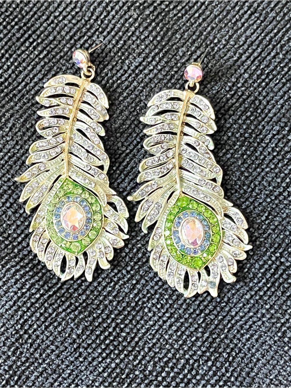 Vintage Boutique Heavy Gold Rhinestone Peacock Feather Statement Drop Earrings